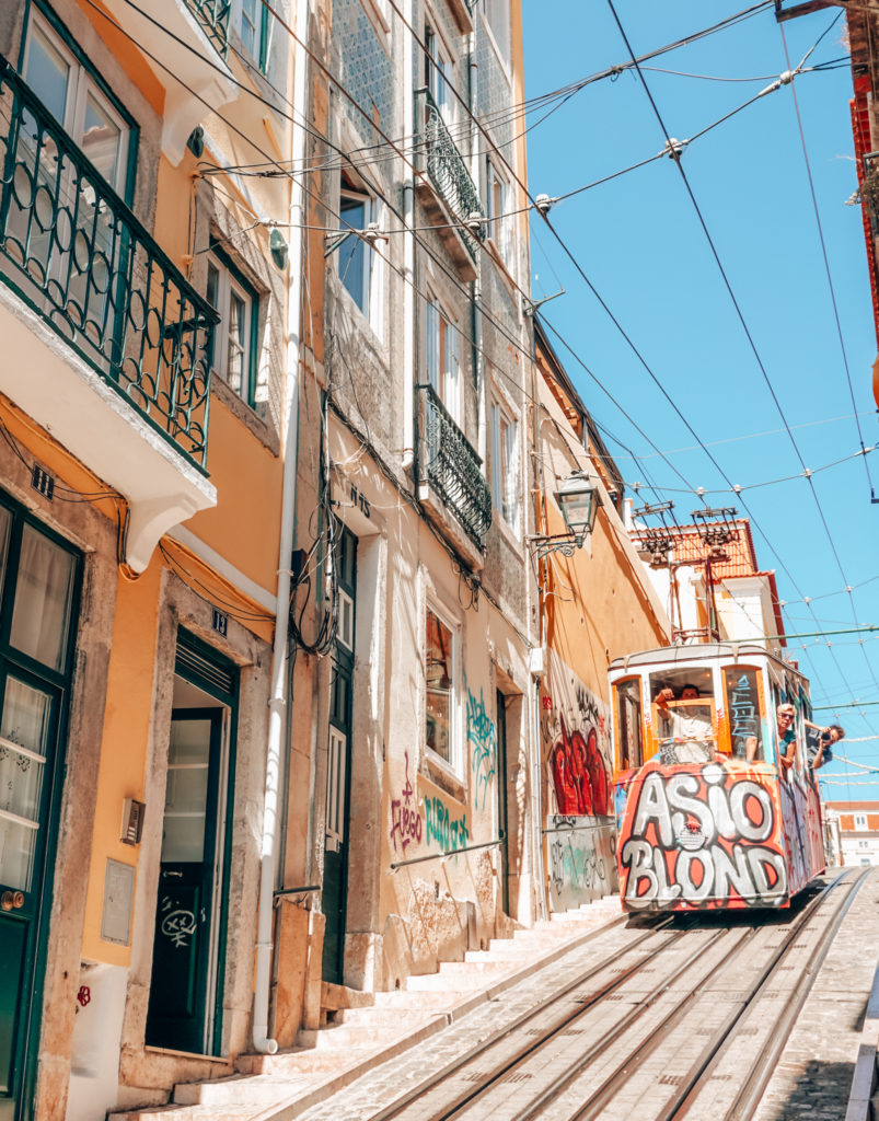 Ascensor da Bica in Lisbon going down